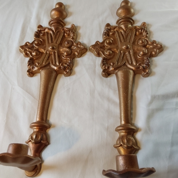 French Country Gold Ornate Metal Wall Candle Sconce Holders. - Picture 3 of 9